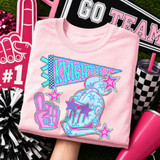 Knights mascot DTF transfer with knight helmet graphic, pennant flag, and star sunglasses in a bold pink and blue pop-art style