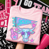 Longhorns mascot DTF transfer with longhorn steer graphic, pennant flag, and star sunglasses in a bold pink and blue pop-art style