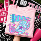 Rams mascot DTF transfer with illustrated ram head in pink and blue star-patterned school spirit style