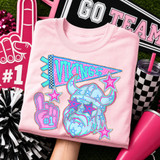 Vikings mascot DTF transfer with illustrated horned viking character in pink and blue star-patterned school spirit style