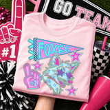 Blue Mascot DTF Transfers | School Spirit Mascot Collection, vibrant digital image of a pink T-shirt featuring a cartoon fox mascot design with stars and lettering.