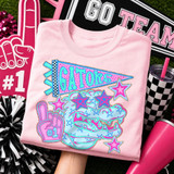Blue Mascot DTF Transfers | School Spirit Mascot Collection, neon blue and pink design with stars and hand gesture on pink hoodie.