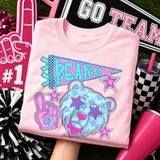 Blue Mascot DTF Transfers | School Spirit Mascot Collection, colorful pink and blue team spirit design on a pink T-shirt featuring a bear mascot with stars and peace sign, surrounded by school spirit decorations.