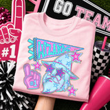 Blue Mascot DTF Transfers | School Spirit Mascot Collection, vibrant blue wizard hat with stars and wizards, pink hand gesture with #1, colorful school spirit design on pink T-shirt