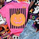 Jack O Lantern Black Stripe DTF Heat Transfer, Halloween pumpkin design on pink t-shirt with black stripe background.