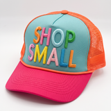 Shop Small puff embroidered hat patch applied to colorful aqua orange and pink trucker hat