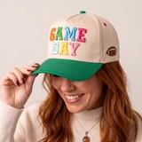 Game Day colorful puff embroidered heat press hat patch applied to cream and green baseball cap