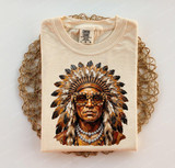 Glam Indian DTF Heat Transfer, image of a T-shirt with a native American chief portrait wearing sunglasses and jewelry.