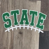 12 inch green and white State chenille football patch with varsity lettering and football lace design