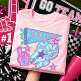 Rams mascot DTF transfer with star-print ram head and pennant flag in a preppy pink and blue school spirit style