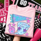 Tornadoes mascot DTF transfer with star-print swirl graphic and pennant flag in a preppy pink and blue school spirit style