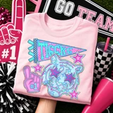 Blue Mascots DTF Transfers | School Spirit Mascot Collection, pink t-shirt with a colorful unicorn and stars design, school spirit and mascot themed.