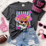 Dotted Star Mascots DTF Transfers | School Spirit Mascot Collection, colorful design of a dog wearing star-shaped sunglasses with the word 'GOLLIS' above it, on a black and white striped background with pink and blue star accents.