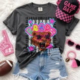 Dotted Star Mascots DTF Transfers | School Spirit Mascot Collection design featuring a bear with star-shaped sunglasses, surrounded by colorful stars and clouds, on a t-shirt.