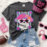 Dotted Star Mascots DTF Transfers | School Spirit Mascot Collection T-shirt with a cute bulldog wearing star-shaped sunglasses, surrounded by colorful star and polka-dot patterns, displayed alongside accessories like a pink foam finger, pink sunglasses, pink bracelet, and a football.