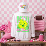 Loud & Proud bulldog mascot head DTF transfer in bold yellow and green retro varsity style