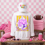 Loud & Proud tiger mascot DTF transfer in pink and yellow retro varsity style