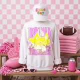 Loud & Proud Mascot DTF Transfers, retro school spirit mascot collection displayed on a white sweatshirt with colorful graphic design featuring a fierce yellow mascot and the words "Loud" and "El Proud".