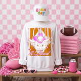 Loud & Proud Mascot DTF Transfers | Retro School Spirit Mascot Collection, designed with a bold bull mascot and colorful text "LOUD & Proud" on a white sweatshirt, displayed in a vibrant sports-themed setting.