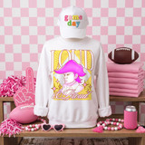 Loud & Proud Mascot DTF Transfers | Retro School Spirit Mascot Collection, white sweatshirt with colorful graphic and text, baseball cap with 'game day' embroidery, and sports-themed accessories in pink and brown, set against a pink checkered background.