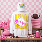 Loud & Proud Mascot DTF Transfers | Retro School Spirit Mascot Collection, featuring a white sweatshirt with a colorful lion mascot design and the words 'LOUD and Proud', surrounded by pink-themed sports accessories on a display table.