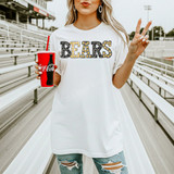 Bears mascot DTF transfer with marquee-style lettering featuring cheetah print and gold bulb accents