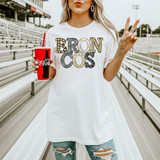 Broncos mascot DTF transfer with marquee-style lettering featuring cheetah print and gold bulb accents