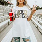 Cardinals mascot DTF transfer with marquee-style lettering featuring cheetah print and gold bulb accents