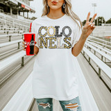 Colonels mascot DTF transfer with marquee-style lettering featuring cheetah print and gold bulb accents