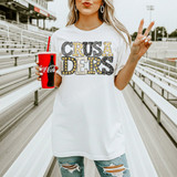 Crusaders mascot DTF transfer with marquee-style lettering featuring cheetah print and gold bulb accents