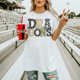 Dragons mascot DTF transfer with marquee-style lettering featuring cheetah print and gold bulb accents