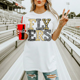 Flyers mascot DTF transfer with marquee-style lettering featuring cheetah print and gold bulb accents