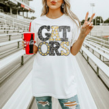 Gators mascot DTF transfer with marquee-style lettering featuring cheetah print and gold bulb accents