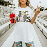 Jaguars mascot DTF transfer with marquee-style lettering featuring cheetah print and gold bulb accents