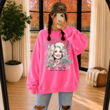 I Will Always Love You Dolly Parton tribute DTF transfer with portrait illustration and commemorative dates on a pink sweatshirt