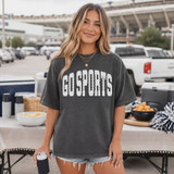GO SPORTS DTF transfer in white jersey mesh-style arched lettering on a dark heather t-shirt for tailgate and game day wear