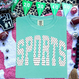 SPORTS arched varsity letters DTF transfer with white and black polka dot pattern on a mint shirt