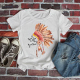 Indian Headdress Sublimation Transfer, white T-shirt with colorful feathered headdress design and text.