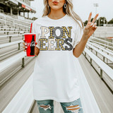 Pioneers mascot DTF transfer in neutral marquee-style lettering with leopard print and gold marquee light accents