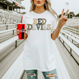 Red Devils mascot DTF transfer in neutral marquee-style lettering with leopard print and gold marquee light accents
