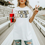 Tornadoes mascot DTF transfer in neutral marquee-style lettering with leopard print and gold marquee light accents