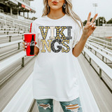 Vikings mascot DTF transfer in neutral marquee-style lettering with leopard print and gold marquee light accents