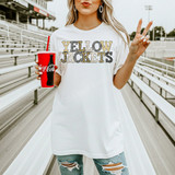 Yellow Jackets mascot DTF transfer in neutral marquee-style lettering with leopard print and gold marquee light accents