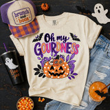 Oh My Gourdness Halloween DTF transfer with a polka dot jack-o'-lantern, purple floral accents, and playful bats