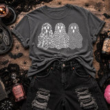 Patterned Trio Ghosts DTF Transfer, floral, leopard, and polka dot Halloween design on a dark gray t-shirt.