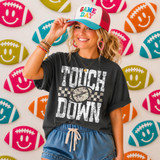 Touch Down Football DTF Transfer, distressed camo game day design T-shirt with football graphic.