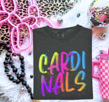 Cardinals mascot DTF transfer in bright neon watercolor brush lettering with paint splatter accents