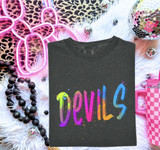 Devils mascot DTF transfer in bright neon watercolor brush lettering with paint splatter accents