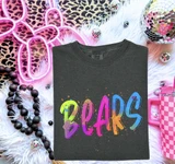 Bright Color Mascot A-G DTF Transfers | Neon Watercolor School Spirit Collection printed on a dark gray T-shirt with colorful lettering spelling 'BEARS' and playful splashes of paint, surrounded by neon lights, beads, disco balls, and decorative items.