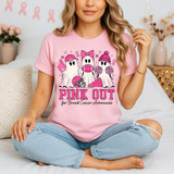 Pink Out Ghosts Breast Cancer Awareness DTF Transfer, football cheer pink ribbon design on a woman wearing a pink t-shirt.